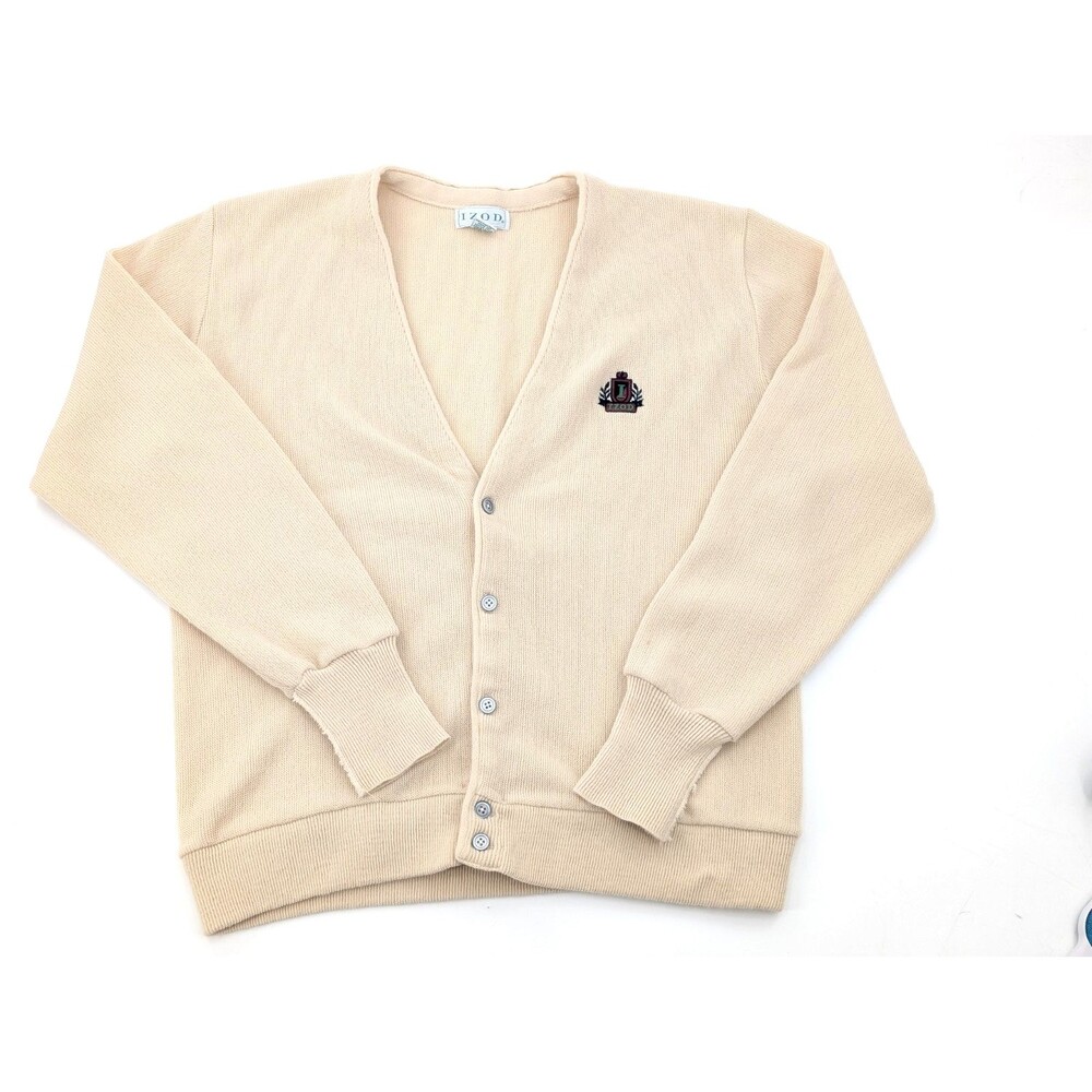 Izod Preppy Collegiate Cream Button Up Logo Vintage Cardigan Sweater Size Large